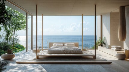 Aufkleber - A spacious bedroom features a bed facing the ocean, with natural light and a peaceful atmosphere created by minimalist decor and greenery