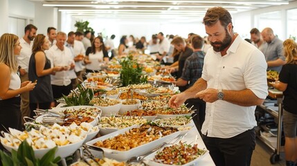 Wall Mural -   Man standing at table filled with food, surrounded by people