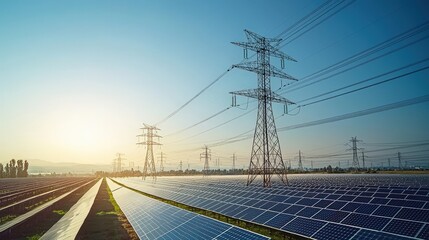 Sticker - Solar panels cover a large field as the sun sets, with high voltage power lines towering in the background, showcasing renewable energy production