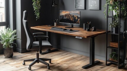 Poster - A well-organized home office displays a wooden desk with a computer, an ergonomic chair, and decorative plants that enhance a productive atmosphere