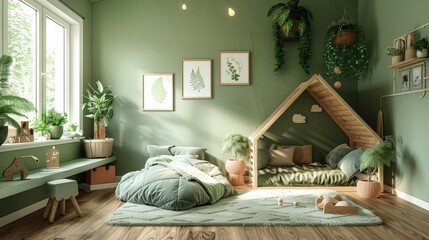 Poster - A serene children's room adorned with greenery, soft bedding, and playful decor, creating a cozy atmosphere for exploration and relaxation