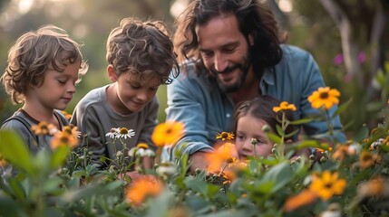 A serene family moment in the garden, with children helping their parents plant flowers, the garden full of life with colorful flowers and lush greenery, the soft sunlight providing a warm,