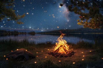 Wall Mural - Camp Fire. Summer Adventure: Glowing Fire in Wilderness at Dusk, Camping under Starry Night Sky