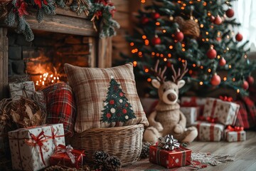 Sticker - The living room is warmly decorated for Christmas with a tree, gifts, a reindeer decoration, and a glowing fireplace creating a festive atmosphere