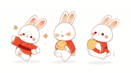 three cute white bunnies in red traditional chinese clothing, two with mooncakes.