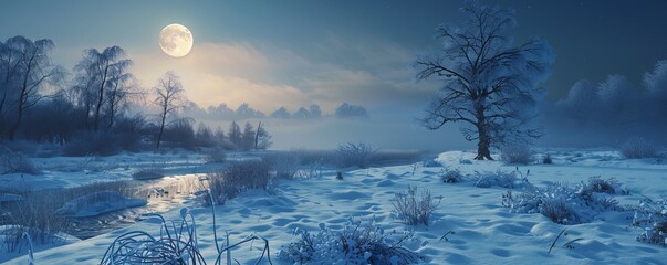 Wall Mural - Peaceful snow-covered landscape under a full moon, 4K hyperrealistic photo