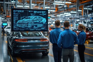 A team of engineers reviews vehicle design details displayed on a large screen in a modern manufacturing plant