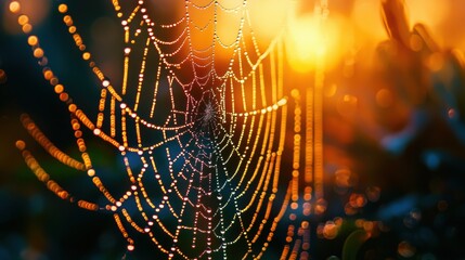 Captivating Close-up of Dewdrops Glistening on Intricate Spider Web