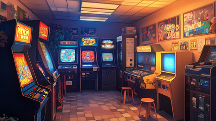 Vintage arcade room filled with classic video games and neon lights in the evening