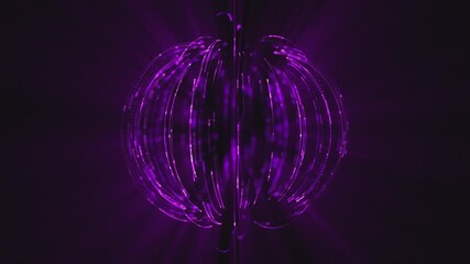 Poster - Abstract rotating saturated purple sphere of energy with magical glowing particles and shimmering vertical lines on black background, video in 4K