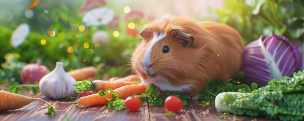 Wall Mural - Cute guinea pig nibbling on fresh veggies, 4K hyperrealistic photo