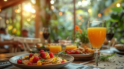 A warm and inviting Sunday brunch, with a family enjoying a homemade meal of pancakes, berries, and juice, the table set with care, and the morning light creating a cozy, relaxed atmosphere.