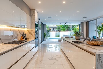 Poster - A sleek kitchen features marble countertops and an open design, seamlessly connecting indoor cooking space to the tranquil outdoor patio with a pool