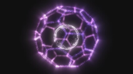 Wall Mural - Spinning abstract energy polygon with magical glowing purple particles and sphere inside on a black background, video in 4K