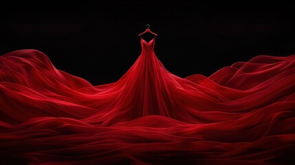   A woman in a red dress stands amidst a sea of red fabric against a black backdrop