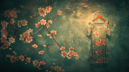 Wall Mural -  Woman in Kimono, Tree with Pink Flowers and Hanger