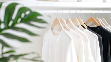  A line of clothing on a clothes hanger in front of a pot with foliage in the backdrop