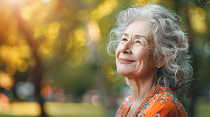 Poster - A woman with a big smile on her face is standing in a park