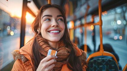 Sticker - A woman is smiling and holding a credit card in her hand while sitting on a bus