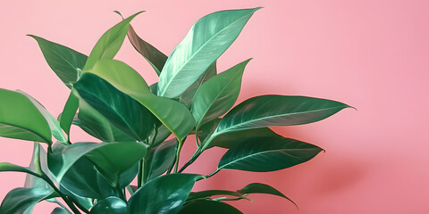 Canvas Print - a bunch of green leaves against a pink wall with a plant in the foreground,