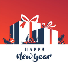 Wall Mural - Happy new year card with gifts. Square banner, card, postcard, cover. Blue and red colors. 