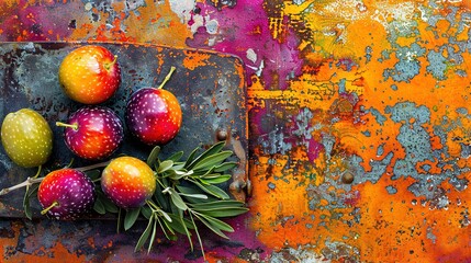 Wall Mural -   A cutting board holds various fruits such as oranges and strawberries, resting on an old metal surface