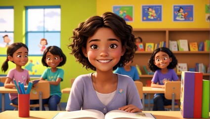 Niña sonriendo en el colegio. En un salón de clases. 