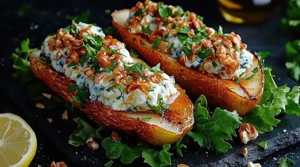 Wall Mural -   A close-up photo of a dish containing various food items arranged neatly on top, accompanied by a lemon wedge positioned elegantly beside them