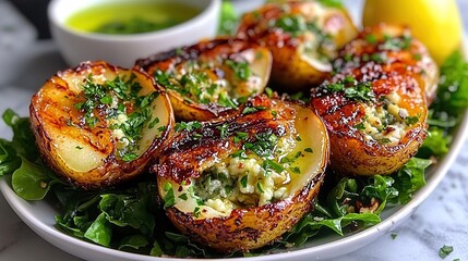 Wall Mural -  A white plate, topped with potatoes smothered in sauce and adorned with herbs and parsley