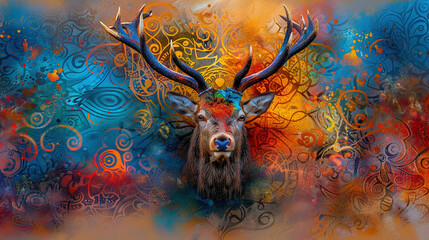 Wall Mural -  Deer's Head with Swirls on Blue, Orange, Yellow, Red Background