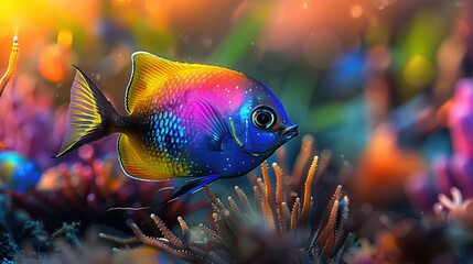   Close-up of a vibrant fish amidst a coral with seaweed in the foreground and two contrasting yellow and blue fish in the background