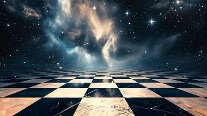 Wall Mural - checkerboard floor extending into colorful nebula clouds