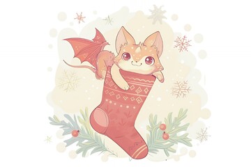 Wall Mural - Cute cartoon dragon with red wings in a red Christmas stocking.