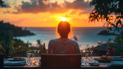 A woman is sitting at a table with a view of the ocean. She is drinking wine and eating food. The table is set with wine glasses, plates, and utensils. The scene is serene and peaceful