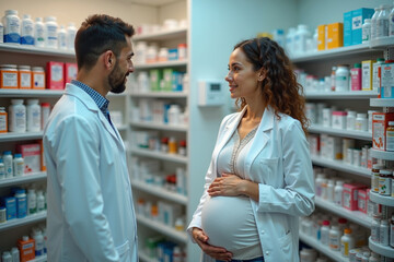 photo of pregnant woman and doctor pharmaceutical with medicine shelf at room in clinic hospital, generative AI