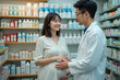 © Flash - photo of pregnant woman and doctor pharmaceutical with medicine shelf at room in clinic hospital, generative AI