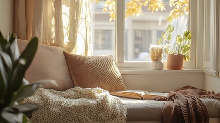 Canvas Print - Cozy Nook with Plush Window Seat and Tranquil Reading Corner in Intimate Home Space