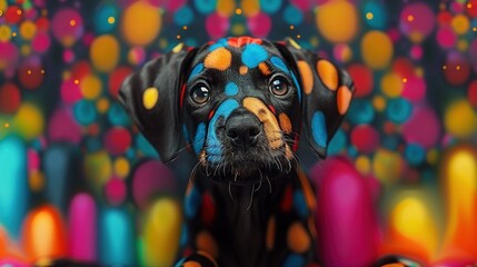   A black dog adorned with a vibrant polka dot pattern stares intently into the lens