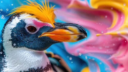 Wall Mural -   A close-up of a colorful bird with water droplets on its face against a gradient backdrop in shades of pink, yellow, and blue