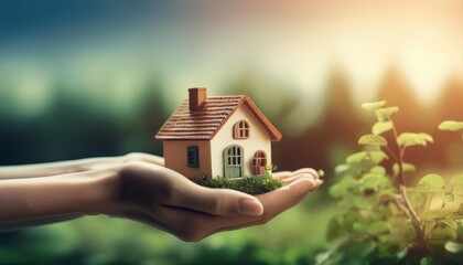 Close-Up of Hands Holding a Small House Amidst Nature