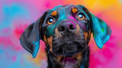 Wall Mural -   A close-up of a dog's face with vibrant paint on its snout against a pastel backdrop of pink, blue, yellow, and green