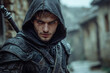 © ALL YOU NEED studio - attractive young male assassin , a strong expression on his face, outfit with a hood, daggers in his hands. blurred background of old medieval town,fantasy fictional character