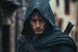 © ALL YOU NEED studio - attractive young male assassin , a strong expression on his face, outfit with a hood, daggers in his hands. blurred background of old medieval town,fantasy fictional character
