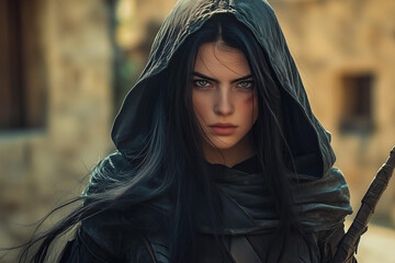 young female assassin with long black hair flowing in the wind and a strong expression on her face, outfit with a hood, daggers in her hands. blurred background of old medieval town, fantasy fictional