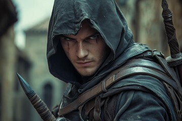 attractive young male assassin , a strong expression on his face, outfit with a hood, daggers in his hands. blurred background of old medieval town,fantasy fictional character