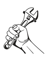 hand holding a wrench, logo black and white vector art