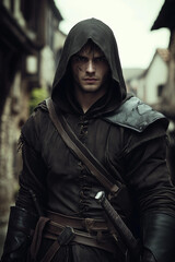 attractive young male assassin , a strong expression on his face, outfit with a hood, daggers in his hands. blurred background of old medieval town,fantasy fictional character