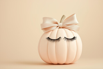 White pumpkin with long black eyelashes and beige satin bow on top, beige pastel background, minimalistic concept for fall, halloween, thanksgiving beauty industry adds