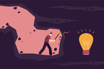 Businessman dig earth in search of ideas. Businessman discover light bulb inside cave, symbolizing brainstorming, innovations, ambitions. Creativity, pitching ideas.