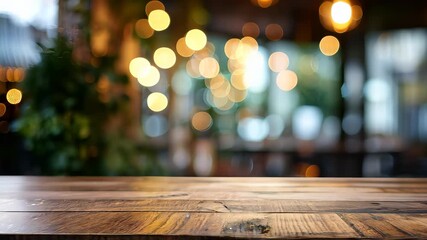 Sticker - Empty wooden tabletop surface with blurred restaurant background